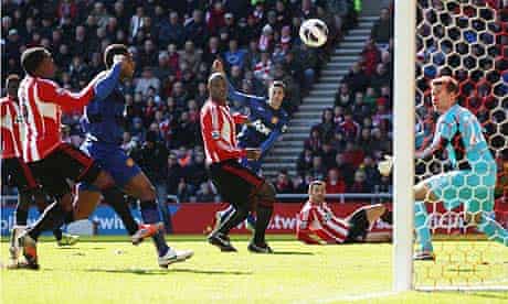 Sunderland's Titus Bramble scores an own goal against Manchester United in the Premier League