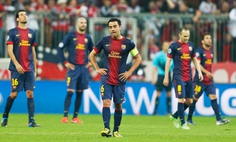 Barcelona look dejected after defeat to Bayern Munich