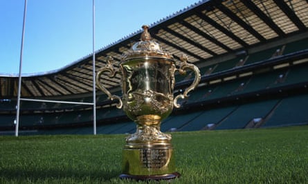 The Webb Ellis Cup sits on the pitch at Twickenham