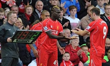 Mario Balotelli of Liverpool comes on as a substute for Rickie Lambert