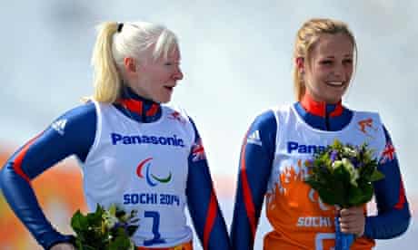 Kelly Gallagher, left, and guide Charlotte Evans following their triumph in the Women's Super-G