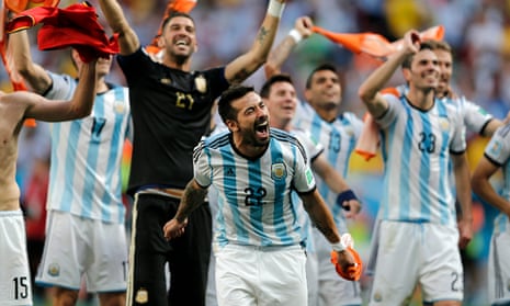 Ezequiel Lavezzi leads the celebrations after Argenina's victory against Belgium.