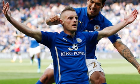 Jamie Vardy celebrates giving Leicester the lead with their fourth goal against Manchester United.