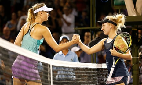Maria Sharapova, left, congratulates Daria Gavrilova following their match at the Miami Open