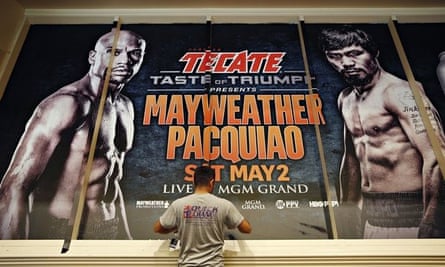 An billboard advertising Floyd Mayweather vs Manny Pacquiao is installed at the MGM Grand