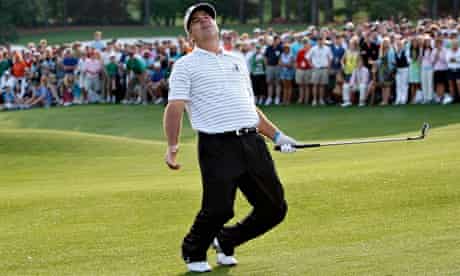 Kenny Perry reacts to his chip shot on the first sudden death play-off hole at the 2009 Masters