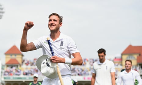 Stuart Broad celebrates England's Ashes triumph at the end of the fourth Test at Trent Bridge.