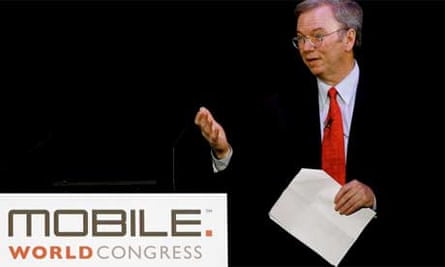 Google chief executive Eric Schmidt addresses the Mobile World Congress in Barcelona, 2010