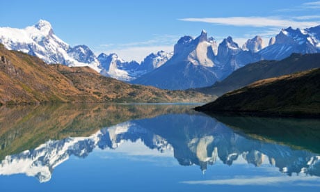 Paine Massif reflected in Lago Pehoe, Torres del Paine National Park, chile patagonia