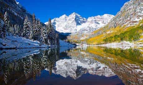 Colorado, Near Aspen, Landscape Of Maroon Lake And On Maroon Bells In Distance, Early Snow.