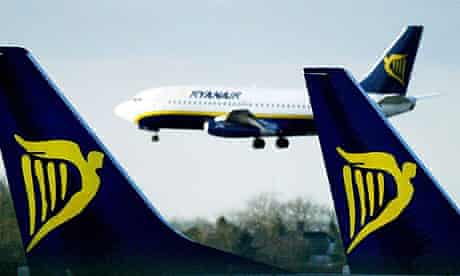 A Ryanair jet lands at Stansted airport