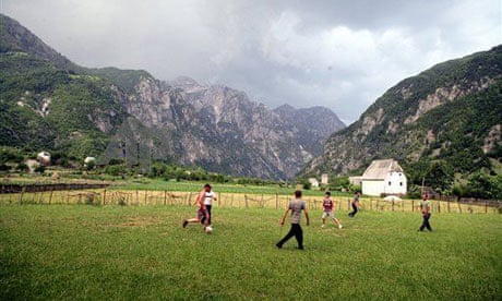 Locals playing football in the Albanian Alps