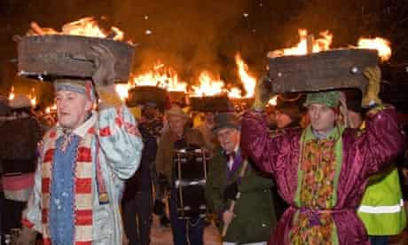 New Year tar barrel procession, Allendale, Northumberland, UK.