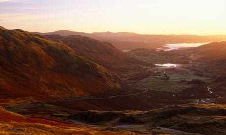 First light over Wrynose Pass, with Lake Windermere in the distance