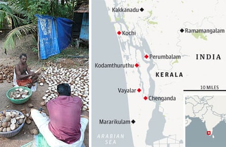 Map of Kerala and villagers shelling coconut