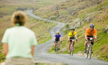 Cyclists descending Wrynose Pass in the Lake District