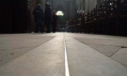 The brass meridian line in St Sulpice Church where winter solstice is marked