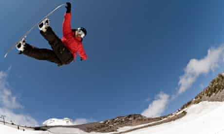 Snowboarder Jonathan Cheever at Mt Hood Meadows ski resort, Oregon