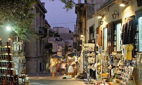 Street in the Plaka District at night, Athens, Greece
