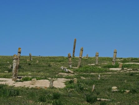 Phallic gravestones on the Turkmenistan border.