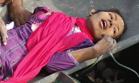 A garment worker called Reshma is rescued from the collapsed Rana Plaza building in Bangladesh