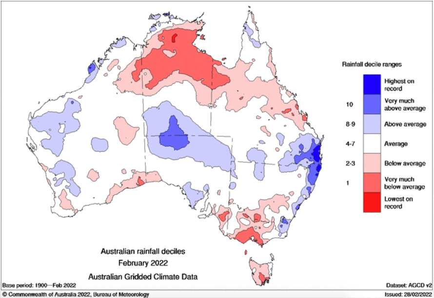 A map showing rainfall deciles for February 2022. South-east Queensland and coastal NSW have recorded rainfall well above average, with some areas receiving their highest ever totals. Meanwhile much of the NT, central Queensland, Victoria, Tasmania and parts of WA have received rainfall below average, with rain in southern Victoria and much of the NT well below average