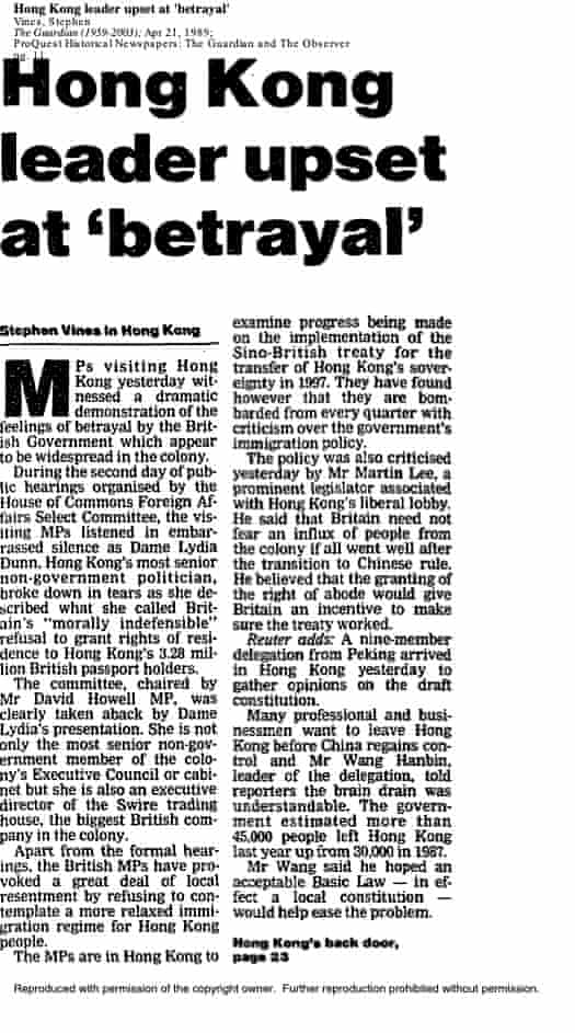 Guardian coverage of Lydia Dunn’s criticism of Britain’s refusal to grant rights of residence to Hong Kong’s 3 million British passport holders