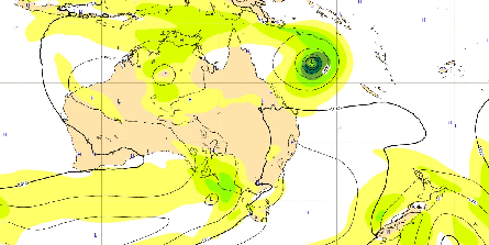 An animation generated by the European Centre for Medium-Range Weather Forecasts’ experimental AI-based model showing the track the potential tropical cyclone Kirrily might take