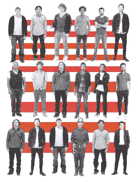 black and white images of men side by side, in a collage over an image of red and white stripes