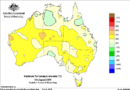 A map showing areas with above average temperatures between 9 and 28 August 2024.