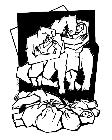 Changing images of abstract black and white drawings of people with bombs around them