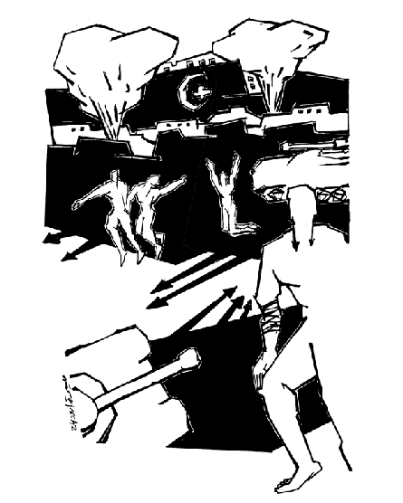 Changing images of abstract black and white drawings of people with tanks around them