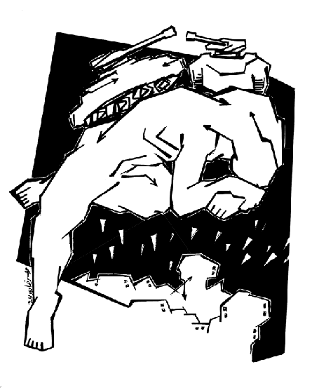Changing images of abstract black and white drawings of people with tanks and bombs behind them