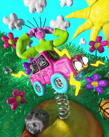 A claymation-style animation of a dizzy person on an electric car that’s bouncing on a spring.