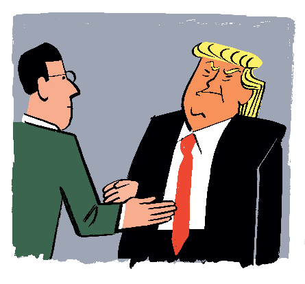 Trump reaches to shake a person’s hand and then quickly retracts his hand
