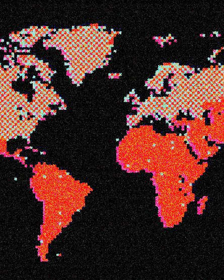 a pixelated map with the global south in red