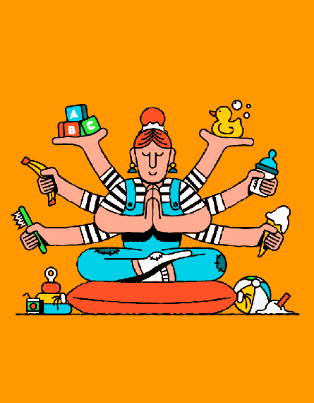 An illustration of a woman sitting in the lotus position, with six arms behind her holding a toothbrush, a banana, wooden blocks with letters on, a rubber duck, a baby bottle and an ice-cream