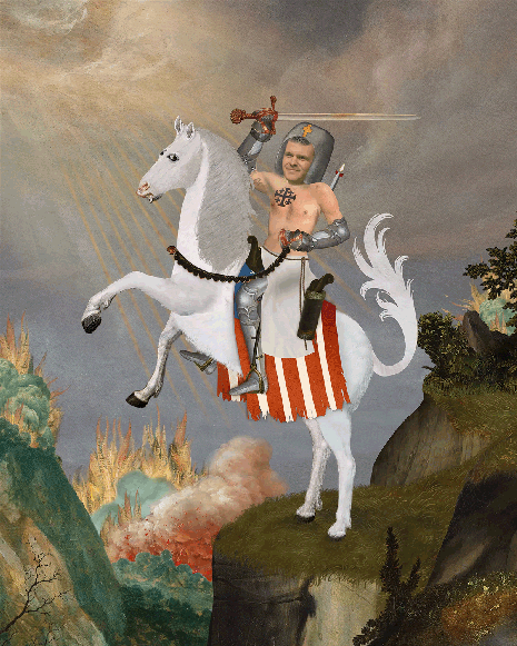 Pete Hegseth as an armored knight on a rearing white horse at a cliff edge, with missiles and explosions in the sky.