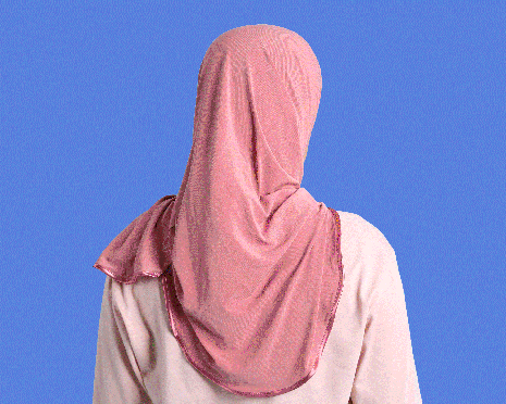 Glitchy photo of a person wearing a hijab, seen from behind