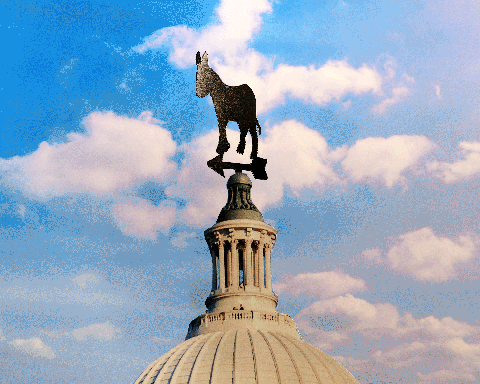 A donkey-shaped weather vane atop the US Capitol dome against a cloudy blue sky