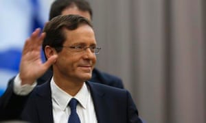 Isaac Herzog attends an election campaign event as polls suggest his Zionist Union party leads by three or four parliamentary seats.