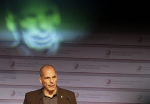 Greek finance minister Yanis Varoufakis speaking in Riga today.
