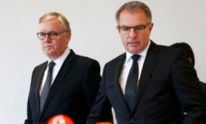 Lufthansa chief executive Carsten Spohr, right, and Germanwings managing director Thomas Winkelman, left, arrive for a news conference in Cologne.