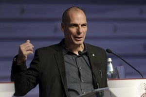 Minister of Finance of Greece Yanis Varoufakis speaks at a news conference during an informal meeting of Ministers for Economic and Financial Affairs (ECOFIN) in Riga, Latvia, April 24, 2015. REUTERS/Ints Kalnins