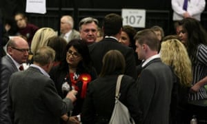 Ed Balls speaks to other delegates during the recount in Morley and Outwood.