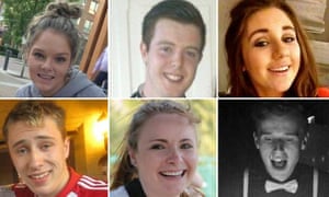 Irish students who died after a balcony collapsed in Berkeley, California. Clockwise from top left: Olivia Burke, Eoghan Culligan, Eimear Walsh, Lorcan Miller, Ashley Donohoe and Niccolai Schuster.