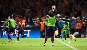 Cue the celebrations. Barcelona coach Luis Enrique celebrates with Ivan Rakitic.