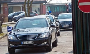 epa04676039 A convoy of the Greek Prime Minister Tsipras leaves the military compound of the airport Berlin-Tegel in Berlin, Germany, 23 March 2015. Tsipras is scheduled to hold a meeting with German Chancellor Merkel later the day during his visit in Germany. Tsipras is expected to present a list of reforms, hoping to unlock bailout funds to prevent Greece from running out of cash next month, Greek government sources said. EPA/JOERG CARSTENSEN