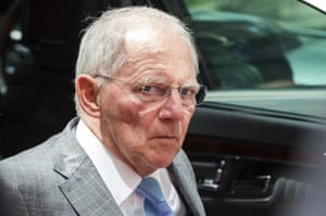 German Finance Minister Wolfgang Schaeuble arrives for a meeting of the eurogroup finance ministers at the EU Council building in Brussels on Monday, May 11, 2015. 
