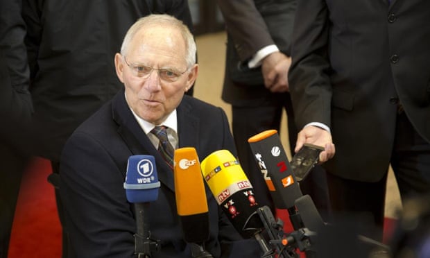 German Finance Minister Wolfgang Schaeuble arrives for a meeting of eurogroup finance ministers in Brussels on Friday, Feb. 20, 2015. 